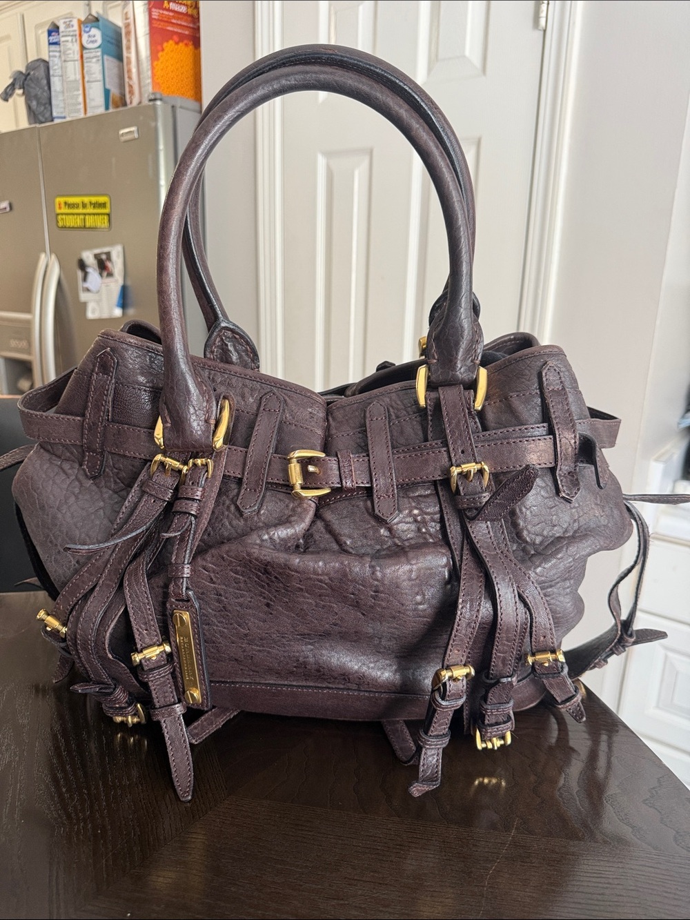 Vntage Burberry Rowan Leather Satchel Handbag Dark Brown